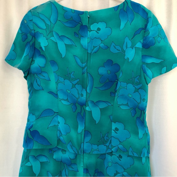 Silk dress Maggy London beautiful
 Floral Blue green sheath Vintage 12 P - Picture 7 of 9